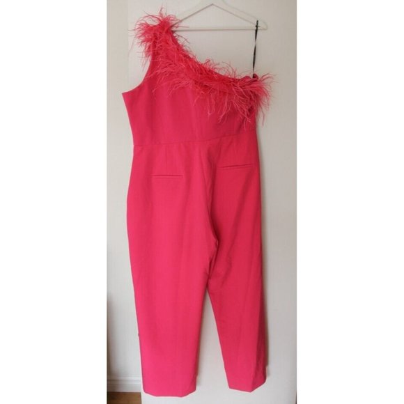 Karen Millen Pink Ostrich Feather One Shoulder Jumpsuit Sz 20 Plus NWT - Picture 7 of 8